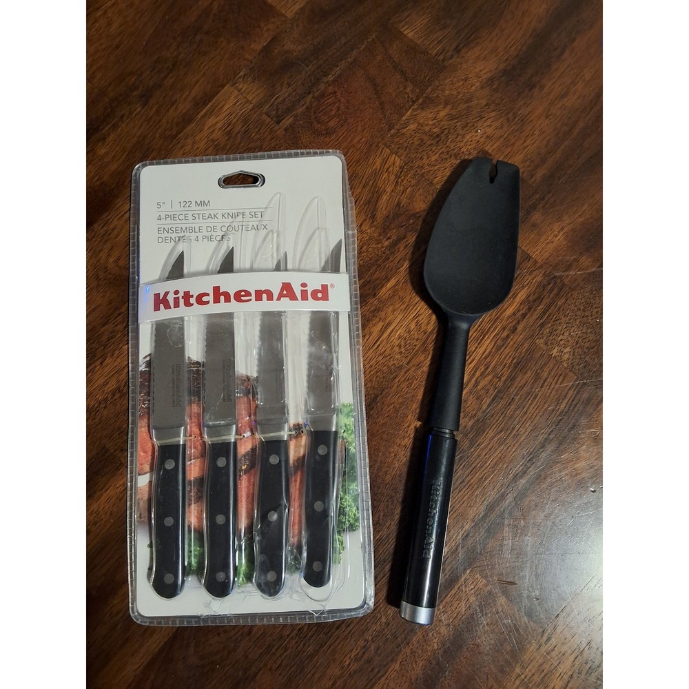 KitchenAid 4-Piece Steak Knife Set German Stainless Steel & Basting Spoon Black